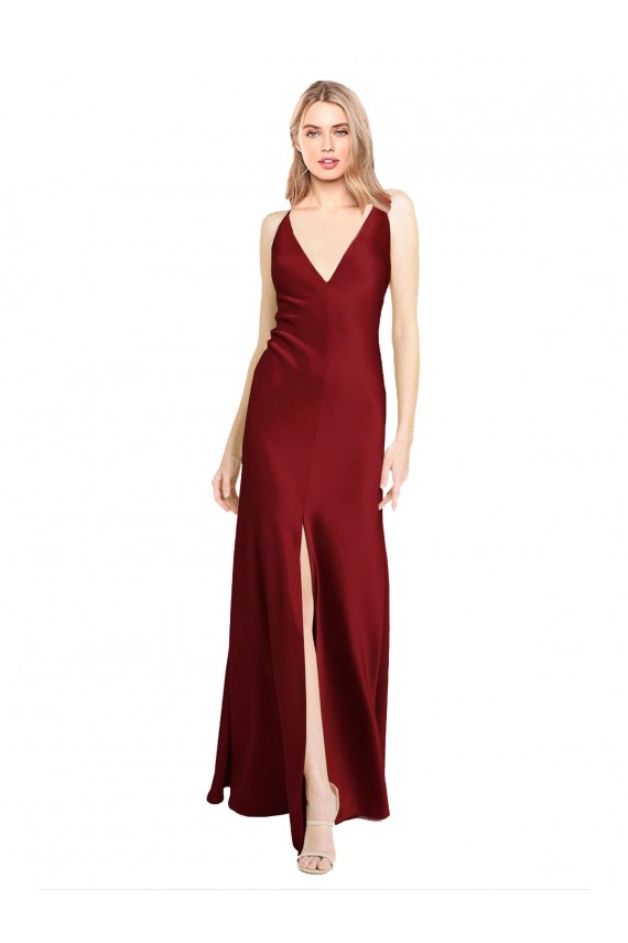 Wholesale Floor Length Deep V-Back Stretch Satin Prom Dress with Front Slit UK