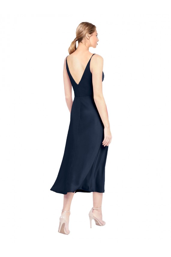 Wholesale V-Neck Midi Length Short Stretch Satin Cocktail Prom Dress / Homecoming Dress V-Back UK