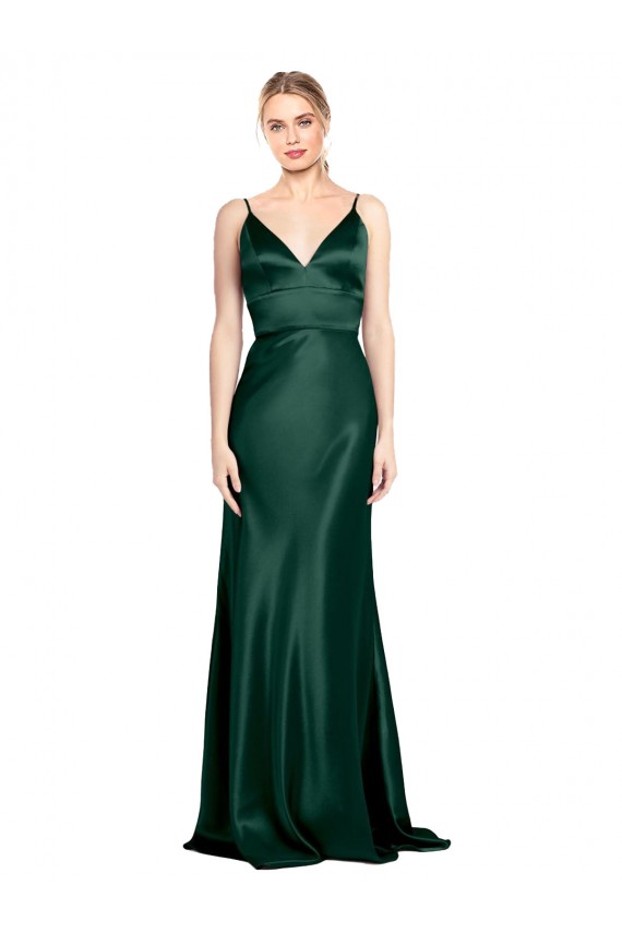 Wholesale High V-Neck Long Full Length Sheath Stretch Satin Prom Dress UK