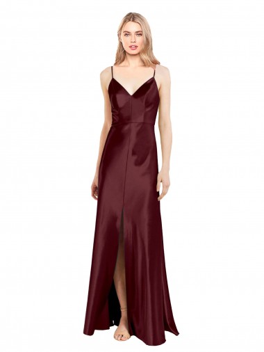 Wholesale Sleek Spaghetti Straps V-Neck Stretch Satin Prom Dress with Center Front Slit UK