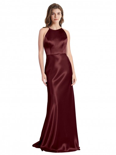 Wholesale High Neck Halter Long Sleeveless Stretch Satin Prom Dress with Strappy Back UK