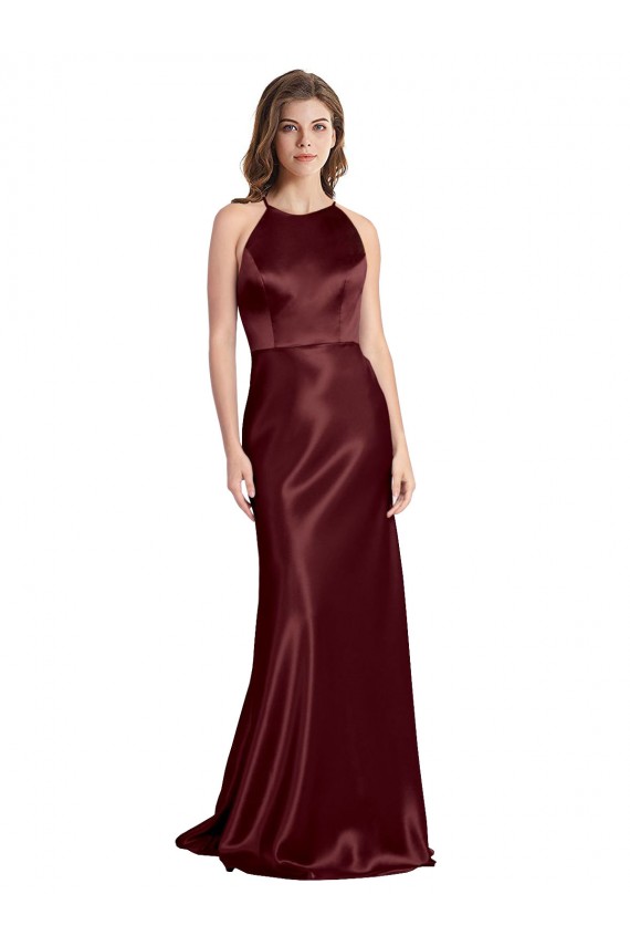 Wholesale High Neck Halter Long Sleeveless Stretch Satin Prom Dress with Strappy Back UK