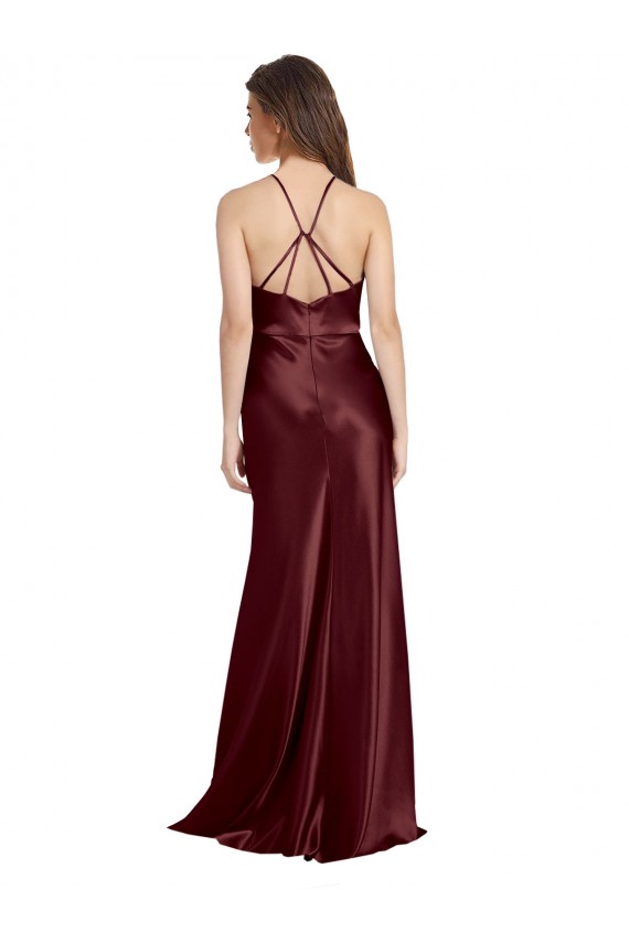Wholesale High Neck Halter Long Sleeveless Stretch Satin Prom Dress with Strappy Back UK
