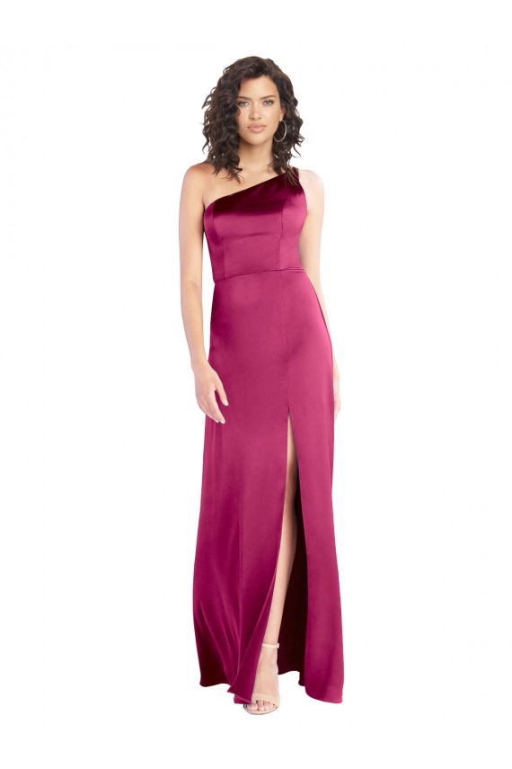 Wholesale Sleek One Shoulder A-Line Long Stretch Satin Prom Dress with Spaghetti Straps Back UK