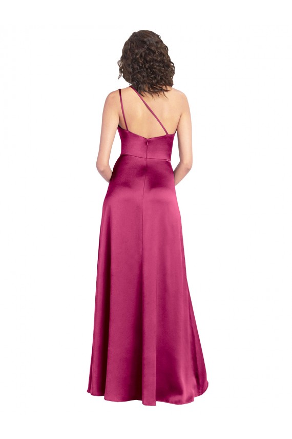 Wholesale Sleek One Shoulder A-Line Long Stretch Satin Prom Dress with Spaghetti Straps Back UK
