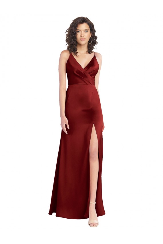 Wholesale Faux Surplice Neckline Long Slim A-Line Stretch Satin Prom Dress UK