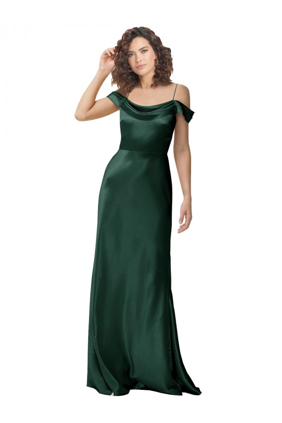 Wholesale Off the Shoulder Sleeves Long Stretch Satin Prom Dress with Pleated Draped Neckline UK