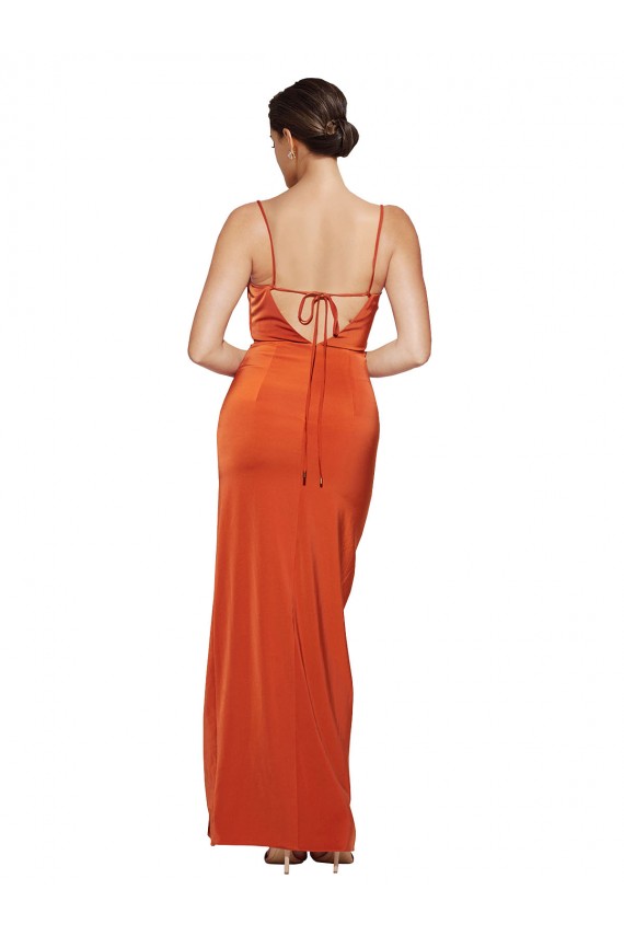 Wholesale Front Cowl Neck Long Floor Length Stretch Satin Prom Dress with High Side Split UK