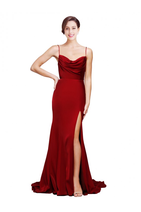 Wholesale Cowl Front Neck Sweep Train Stretch Satin Prom Dress with High Side Split UK