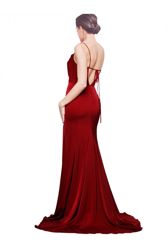 Wholesale Cowl Front Neck Sweep Train Stretch Satin Prom Dress with High Side Split UK