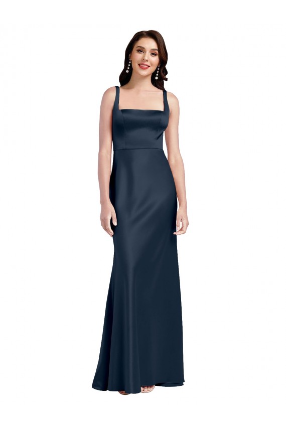 Wholesale Square Neck A-Line Long Stretch Satin Prom Dress with Wide Straps UK
