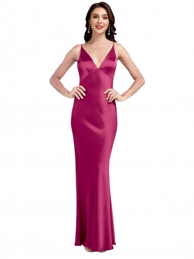 Wholesale V-Neck Spaghetti Straps Slim Stretch Satin Prom Dress with Low Scoop Back UK