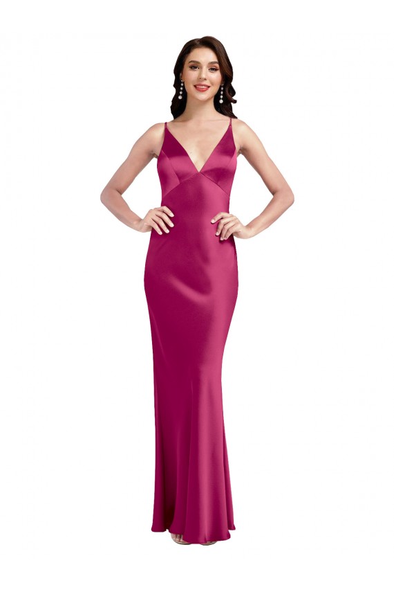 Wholesale V-Neck Spaghetti Straps Slim Stretch Satin Prom Dress with Low Scoop Back UK