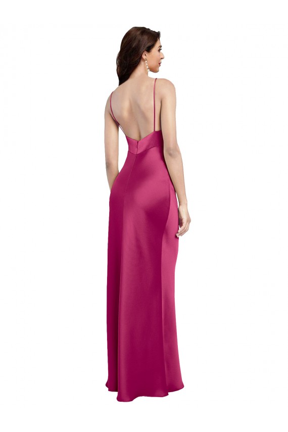 Wholesale V-Neck Spaghetti Straps Slim Stretch Satin Prom Dress with Low Scoop Back UK