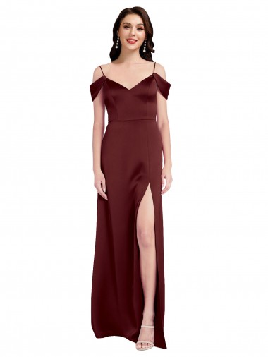 Wholesale Draped Off the Shoulder Sleeves Slim A-Line Stretch Satin Prom Dress with Side Slit UK