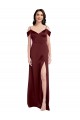 Wholesale Draped Off the Shoulder Sleeves Slim A-Line Stretch Satin Prom Dress with Side Slit UK