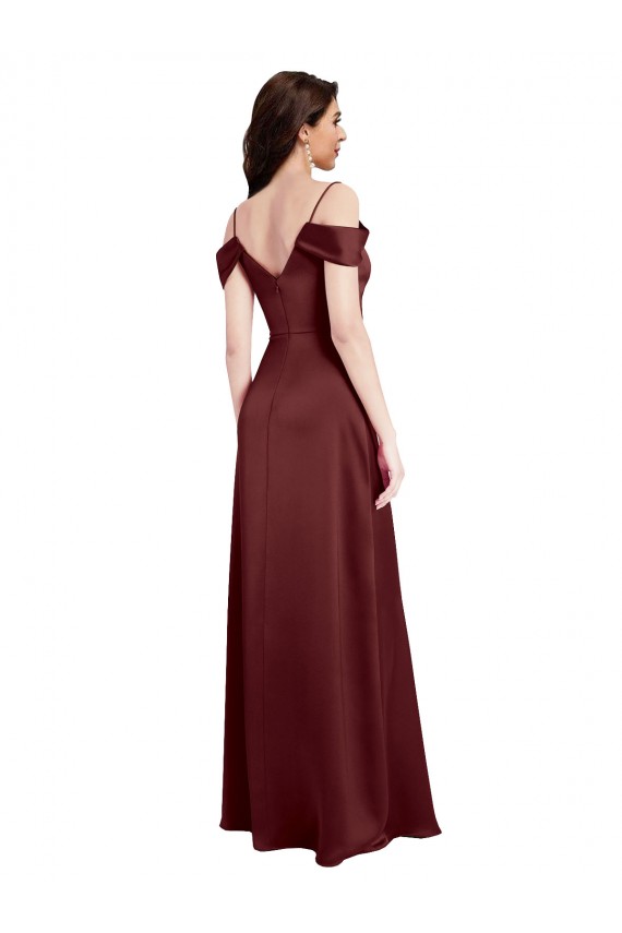 Wholesale Draped Off the Shoulder Sleeves Slim A-Line Stretch Satin Prom Dress with Side Slit UK