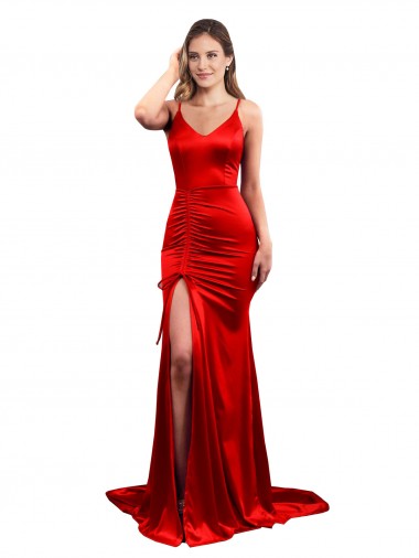 Wholesale Long Pleated Stretch Satin Prom Dress with High Slit UK