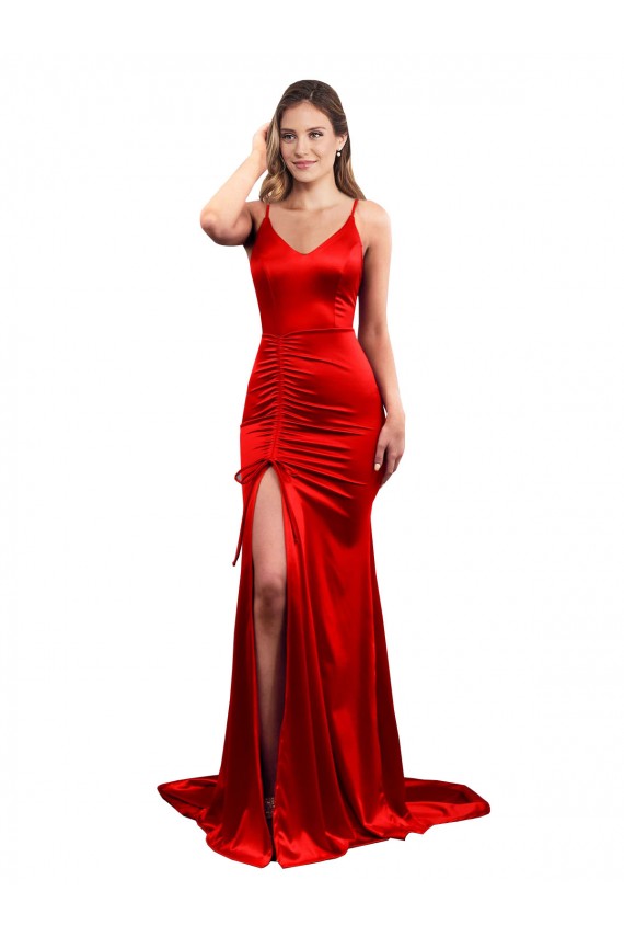 Wholesale Long Pleated Stretch Satin Prom Dress with High Slit UK