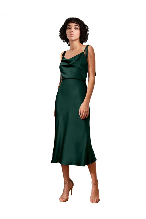 Wholesale Spaghetti Straps Tie Shoulders Cowl Neck Short Midi Length Stretch Satin Cocktail Prom Dress / Homecoming Dress UK