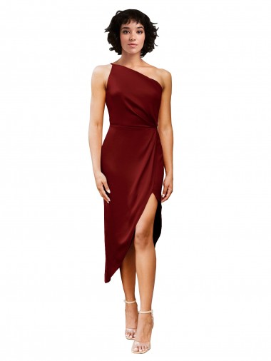 Wholesale One Shoulder Midi Length Short Stretch Satin Wrap Style Cocktail Prom Dress / Homecoming Dress UK