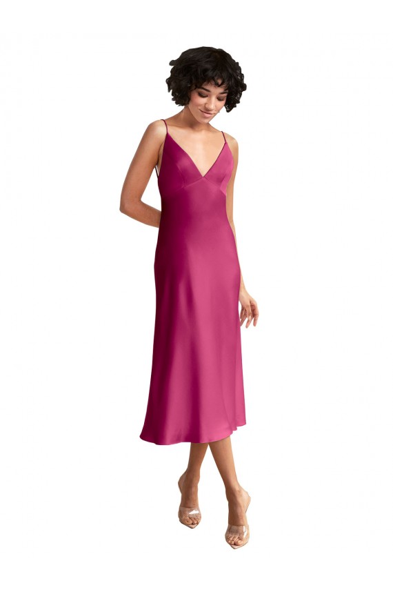 Wholesale Midi Length V-Neck Short Stretch Satin Cocktail Prom Dress / Homecoming Dress with Low Scoop Back UK