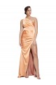 Wholesale One Shoulder Ruched Stretch Satin Prom Dress with Thigh High Split UK