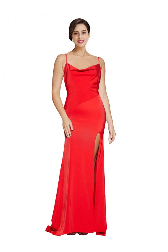 Wholesale Low Back Cowl Neck Stretch Satin Prom Dress with High Side Slit UK