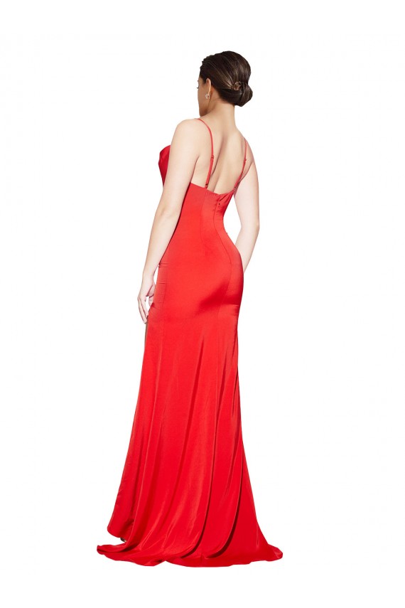 Wholesale Low Back Cowl Neck Stretch Satin Prom Dress with High Side Slit UK