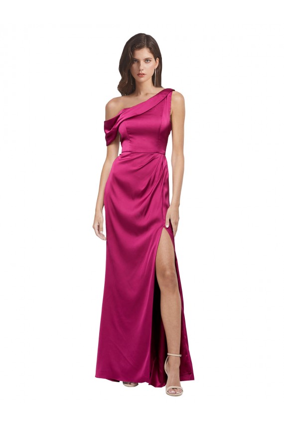 Wholesale Off the Shoulder Short Sleeves Stretch Satin Prom Dress with Side Slit UK