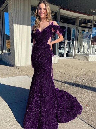 Wholesale Cold Shoulder Sleeveless Long Court Train Velvet Sequin Prom Dress UK