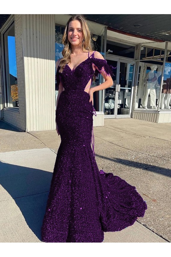 Wholesale Cold Shoulder Sleeveless Long Court Train Velvet Sequin Prom Dress UK