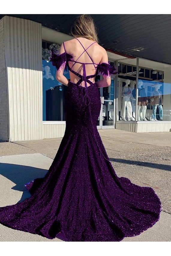 Wholesale Cold Shoulder Sleeveless Long Court Train Velvet Sequin Prom Dress UK
