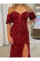 Wholesale Off the Shoulder Short Sleeves Long Floor Length Velvet Sequin Prom Dress with High Slit UK