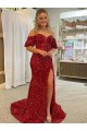 Wholesale Off the Shoulder Short Sleeves Long Floor Length Velvet Sequin Prom Dress with High Slit UK