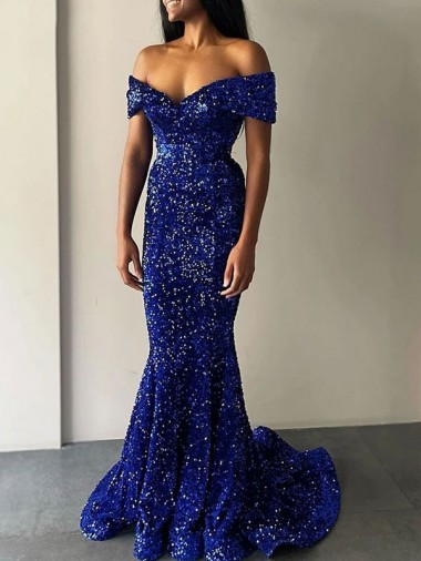 Wholesale Mermaid Off the Shoulder Sleeveless Long Sweep Train Velvet Sequin Prom Dress UK