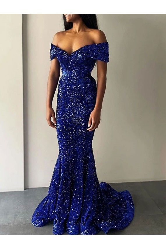 Wholesale Mermaid Off the Shoulder Sleeveless Long Sweep Train Velvet Sequin Prom Dress UK