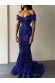 Wholesale Mermaid Off the Shoulder Sleeveless Long Sweep Train Velvet Sequin Prom Dress UK