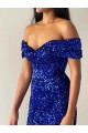 Wholesale Mermaid Off the Shoulder Sleeveless Long Sweep Train Velvet Sequin Prom Dress UK