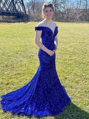 Wholesale Off the Shoulder Sleeveless Long Sweep Train Velvet Sequin Prom Dress UK