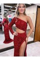 Wholesale Mermaid One Shoulder Long Sleeves Long Sweep Train Velvet Sequin Prom Dress with High Slit UK