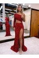 Wholesale Mermaid One Shoulder Long Sleeves Long Sweep Train Velvet Sequin Prom Dress with High Slit UK