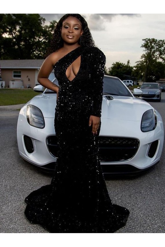 Wholesale One Shoulder Long Sleeves Long Sweep Train Velvet Sequin Prom Dress UK