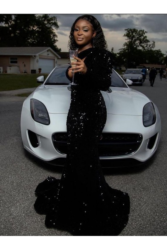 Wholesale One Shoulder Long Sleeves Long Sweep Train Velvet Sequin Prom Dress UK