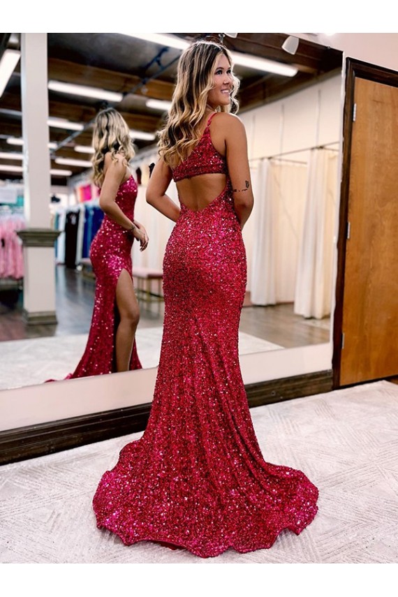 Wholesale Mermaid One Shoulder Sleeveless Long Sweep Train Velvet Sequin Prom Dress with High Slit UK