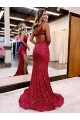 Wholesale Mermaid One Shoulder Sleeveless Long Sweep Train Velvet Sequin Prom Dress with High Slit UK