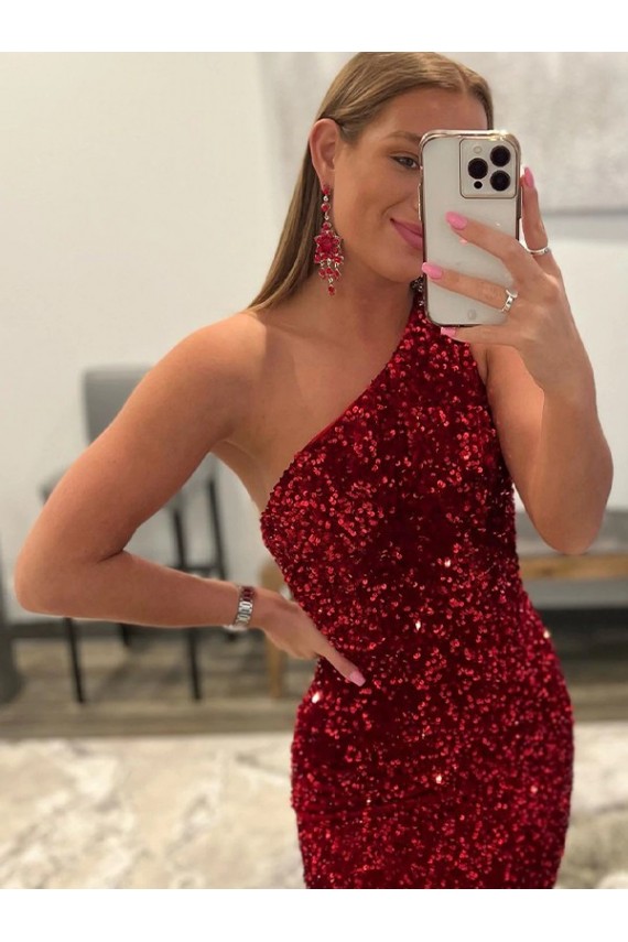 Wholesale Open Back One Shoulder Sleeveless Long Sweep Train Velvet Sequin Prom Dress UK