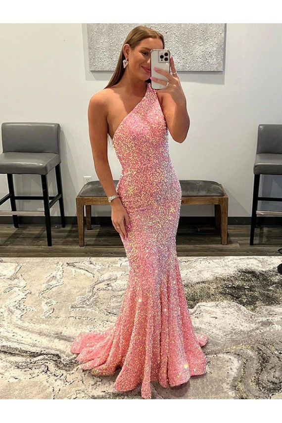 Wholesale Open Back One Shoulder Sleeveless Long Sweep Train Velvet Sequin Prom Dress UK
