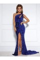 Wholesale Mermaid One Shoulder Sleeveless Long Court Train Velvet Sequin Prom Dress with Slit UK