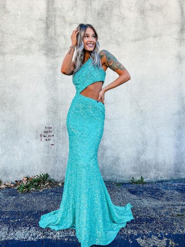 Wholesale Mermaid One Shoulder Sleeveless Long Sweep Train Velvet Sequin Prom Dress UK